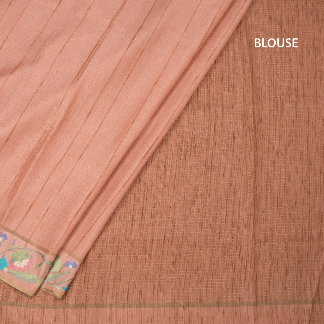 Raw Silk Peach Zari Stripes Saree And Thread Border