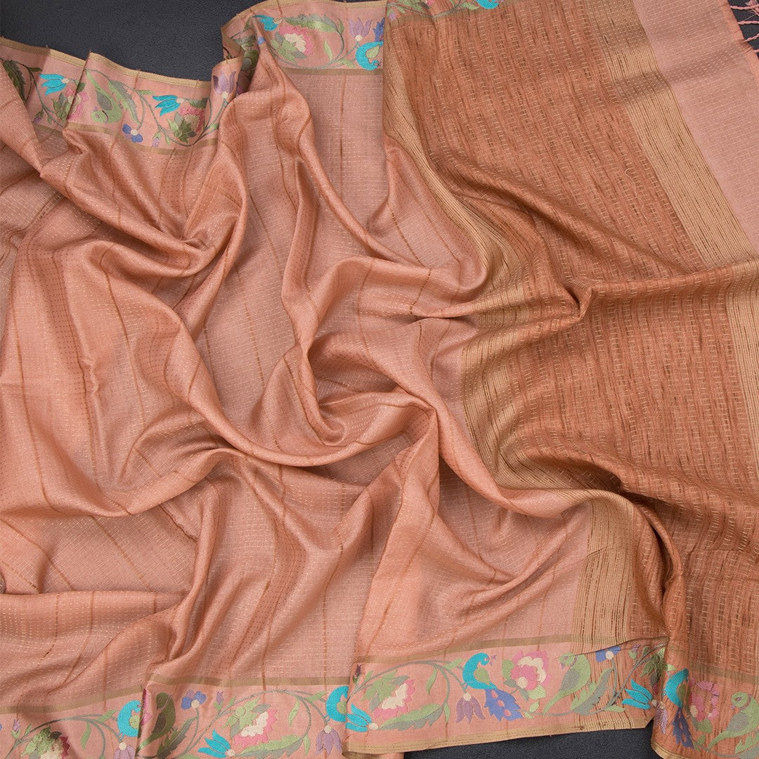Raw Silk Peach Zari Stripes Saree And Thread Border