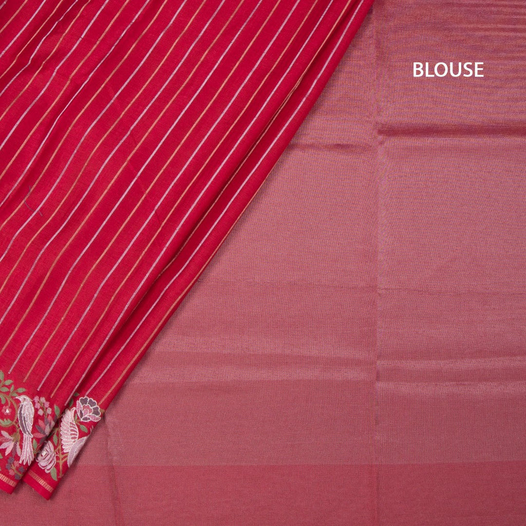 Raw Silk Red Zari Stripes Saree And Thread Border
