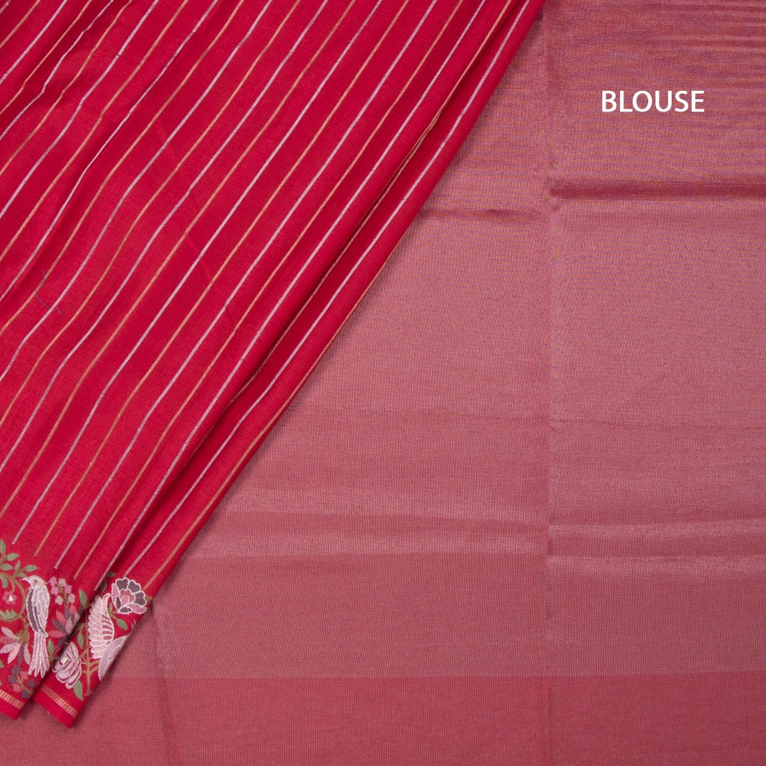Raw Silk Red Zari Stripes Saree And Thread Border