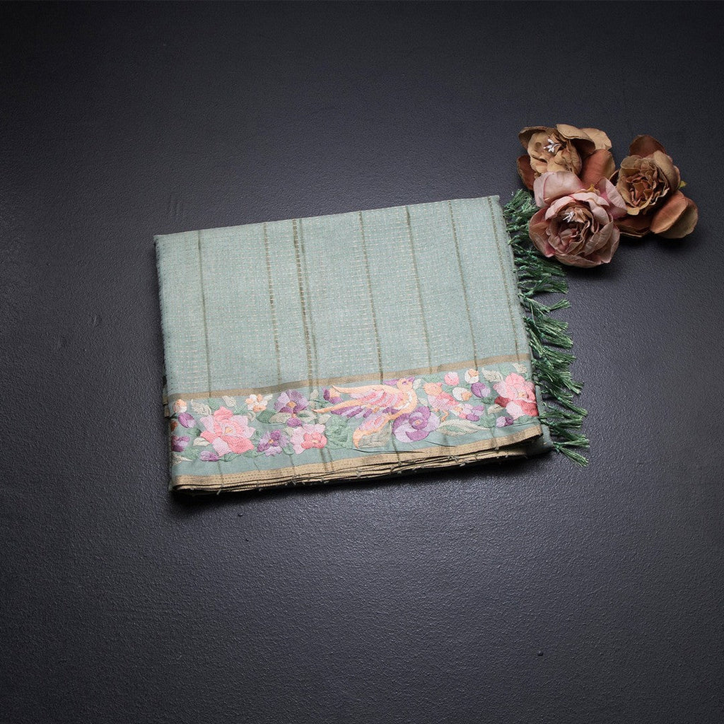 Raw Silk Pista Green Zari Stripes Saree And Thread Border