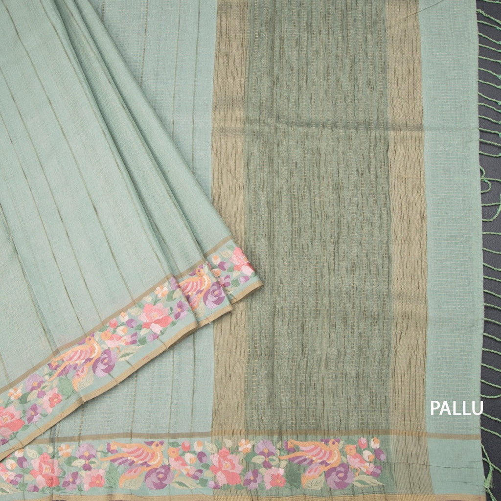 Raw Silk Pista Green Zari Stripes Saree And Thread Border