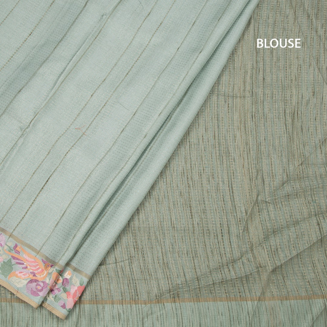Raw Silk Pista Green Zari Stripes Saree And Thread Border