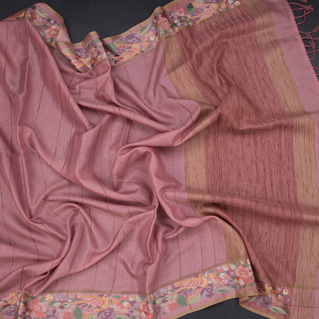 Raw Silk Onion Pink Zari Stripes Saree And Thread Border