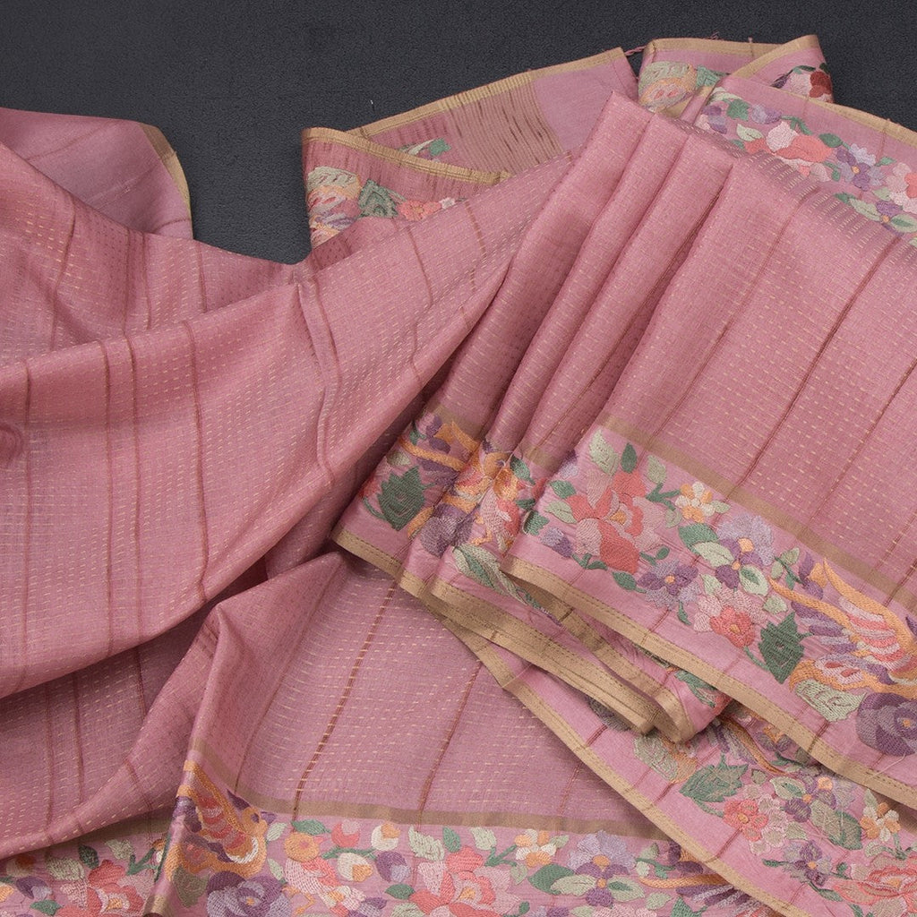 Raw Silk Onion Pink Zari Stripes Saree And Thread Border