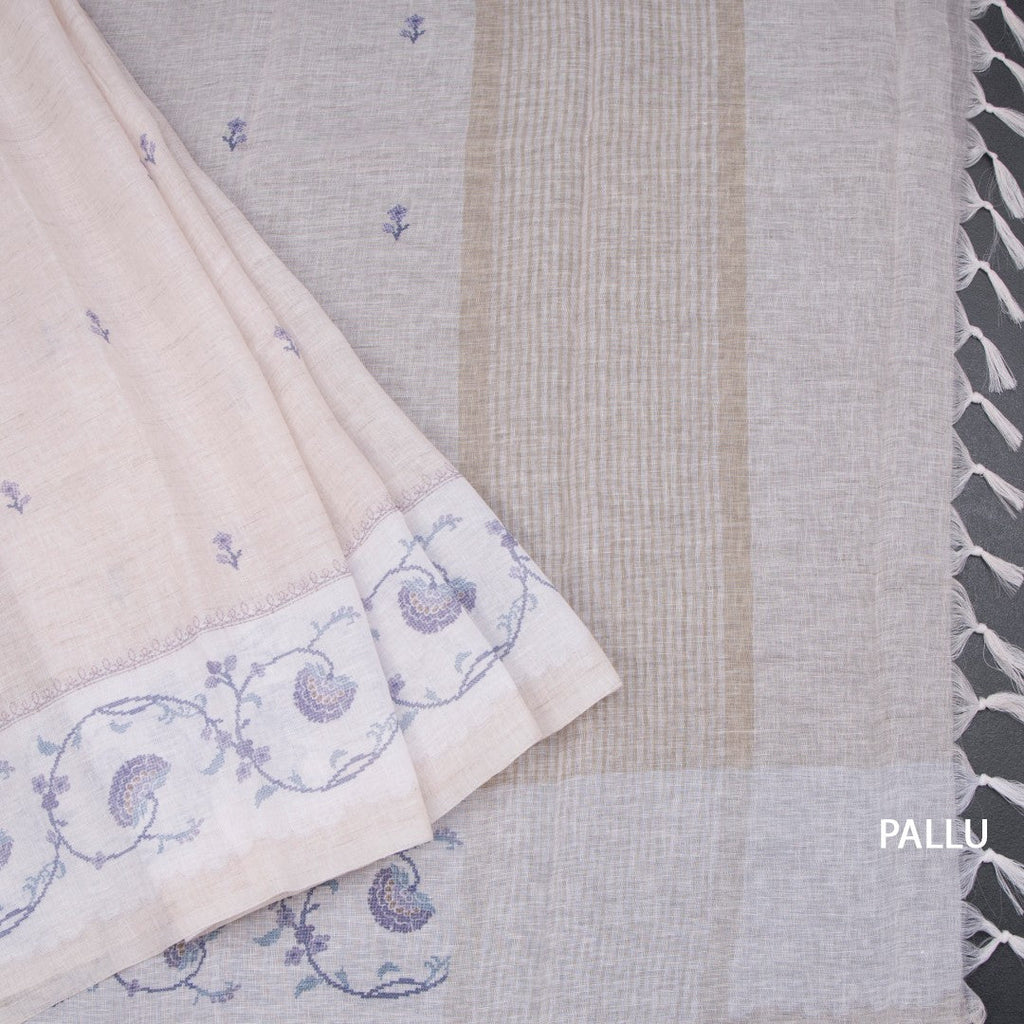 Linen Cream Floral Printed Saree 04