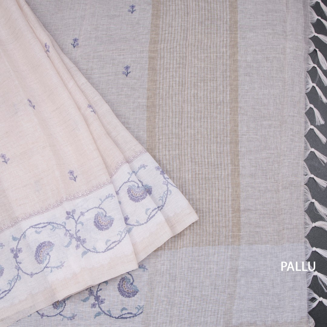 Linen Cream Floral Printed Saree 04