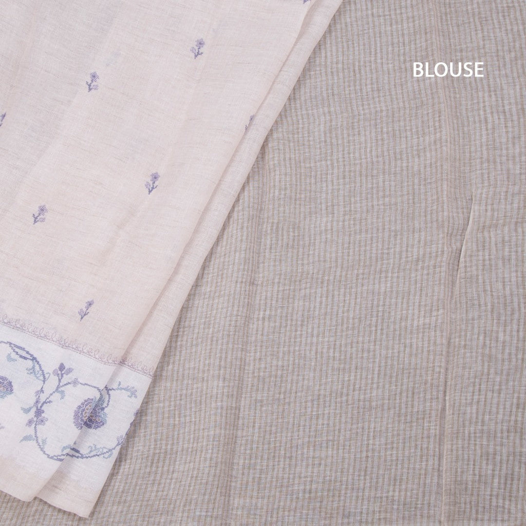 Linen Cream Floral Printed Saree 04
