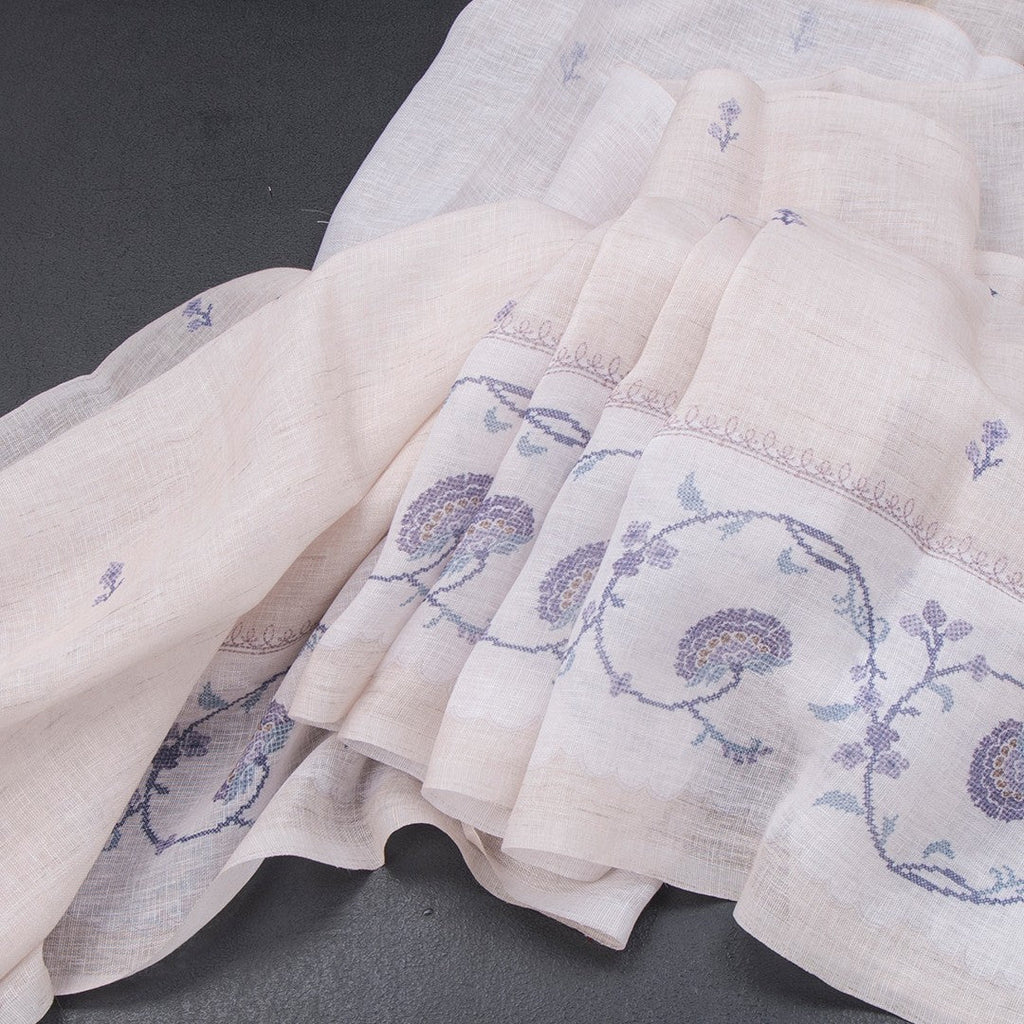 Linen Cream Floral Printed Saree 04