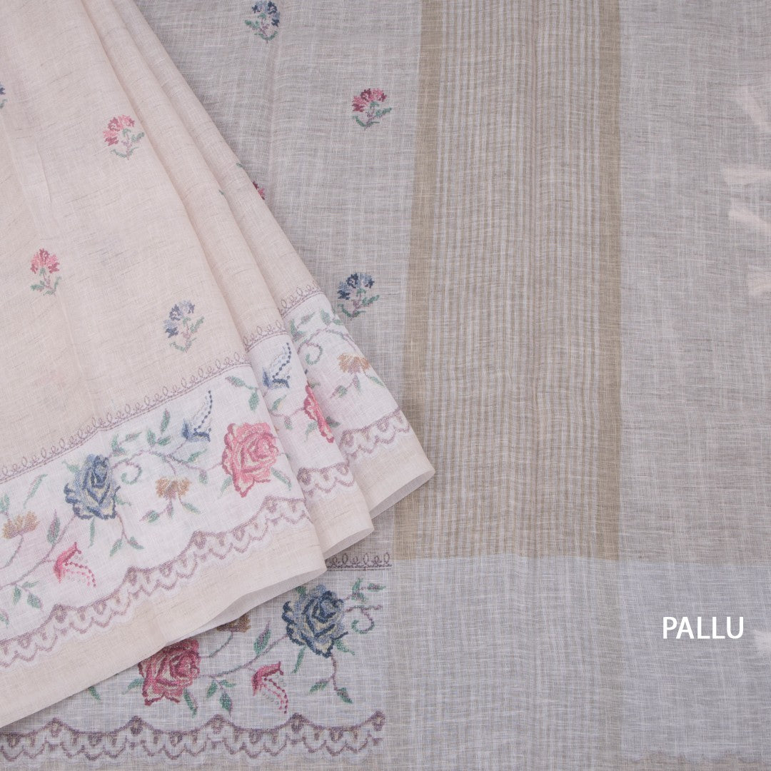 Linen Cream Floral Printed Saree 03