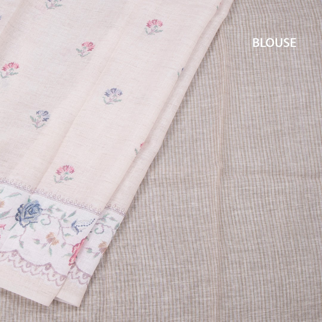 Linen Cream Floral Printed Saree 03