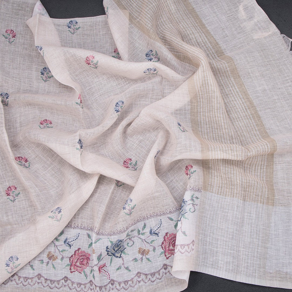 Linen Cream Floral Printed Saree 03