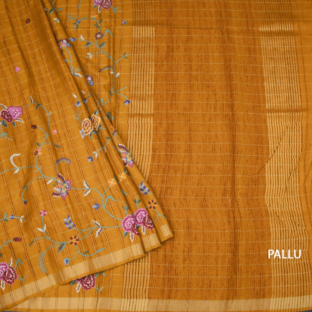 Raw Silk Mustard Yellow Zari Checked With Thread Work Saree