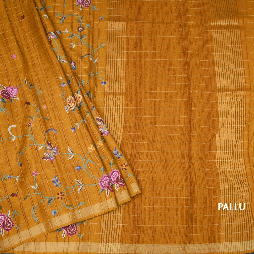 Raw Silk Mustard Yellow Zari Checked With Thread Work Saree