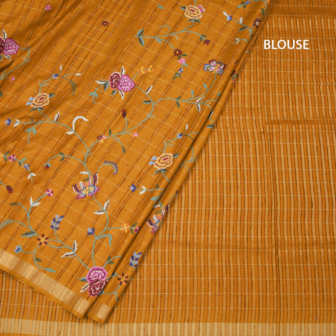 Raw Silk Mustard Yellow Zari Checked With Thread Work Saree