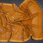 Raw Silk Mustard Yellow Zari Checked With Thread Work Saree