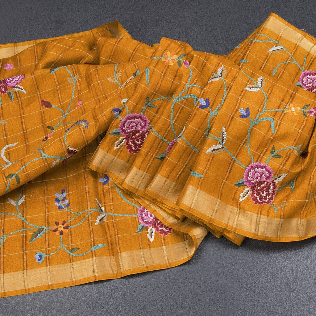 Raw Silk Mustard Yellow Zari Checked With Thread Work Saree
