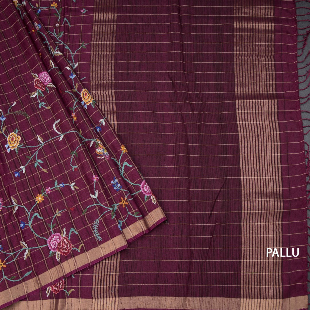 Raw Silk Wine Colour Zari Checked With Thread Work Saree