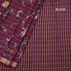 Raw Silk Wine Colour Zari Checked With Thread Work Saree