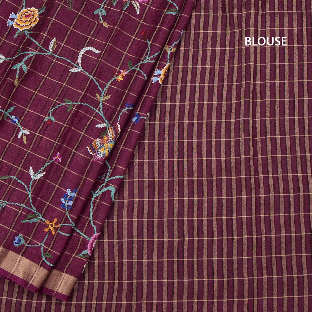 Raw Silk Wine Colour Zari Checked With Thread Work Saree
