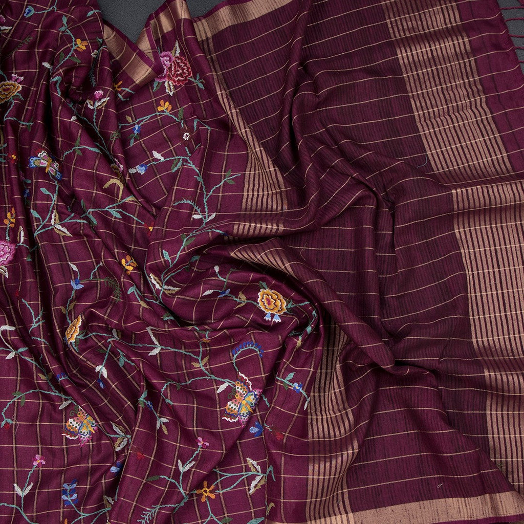 Raw Silk Wine Colour Zari Checked With Thread Work Saree