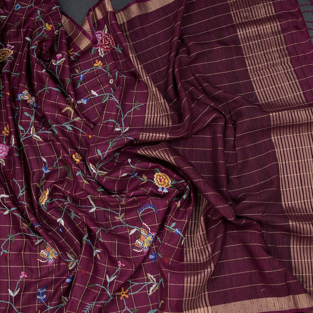 Raw Silk Wine Colour Zari Checked With Thread Work Saree