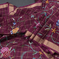 Raw Silk Wine Colour Zari Checked With Thread Work Saree