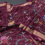 Raw Silk Wine Colour Zari Checked With Thread Work Saree