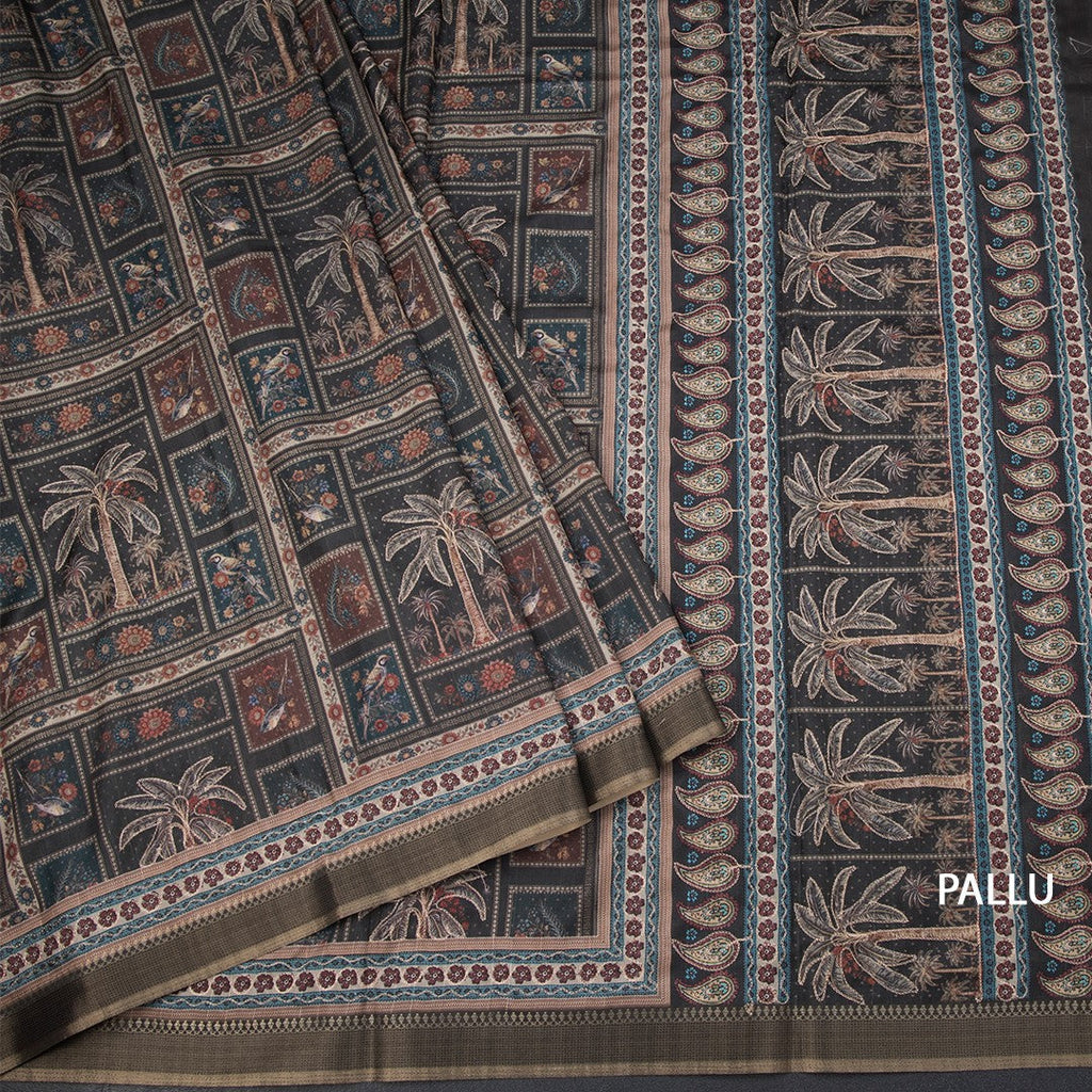 Raw Silk Dark Green Printed Saree
