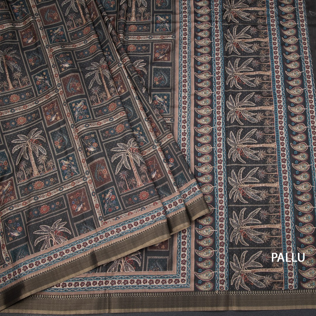 Raw Silk Dark Green Printed Saree