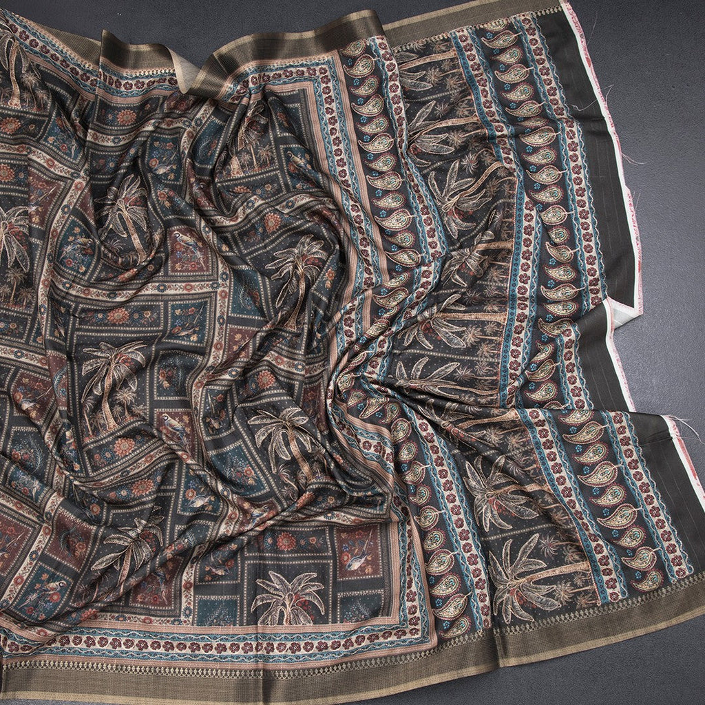 Raw Silk Dark Green Printed Saree