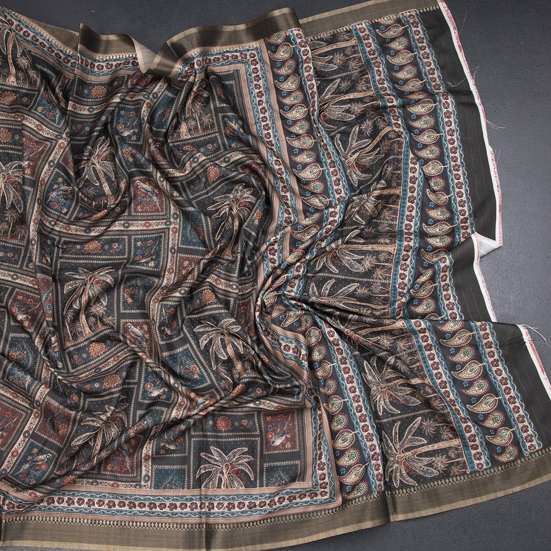 Raw Silk Dark Green Printed Saree