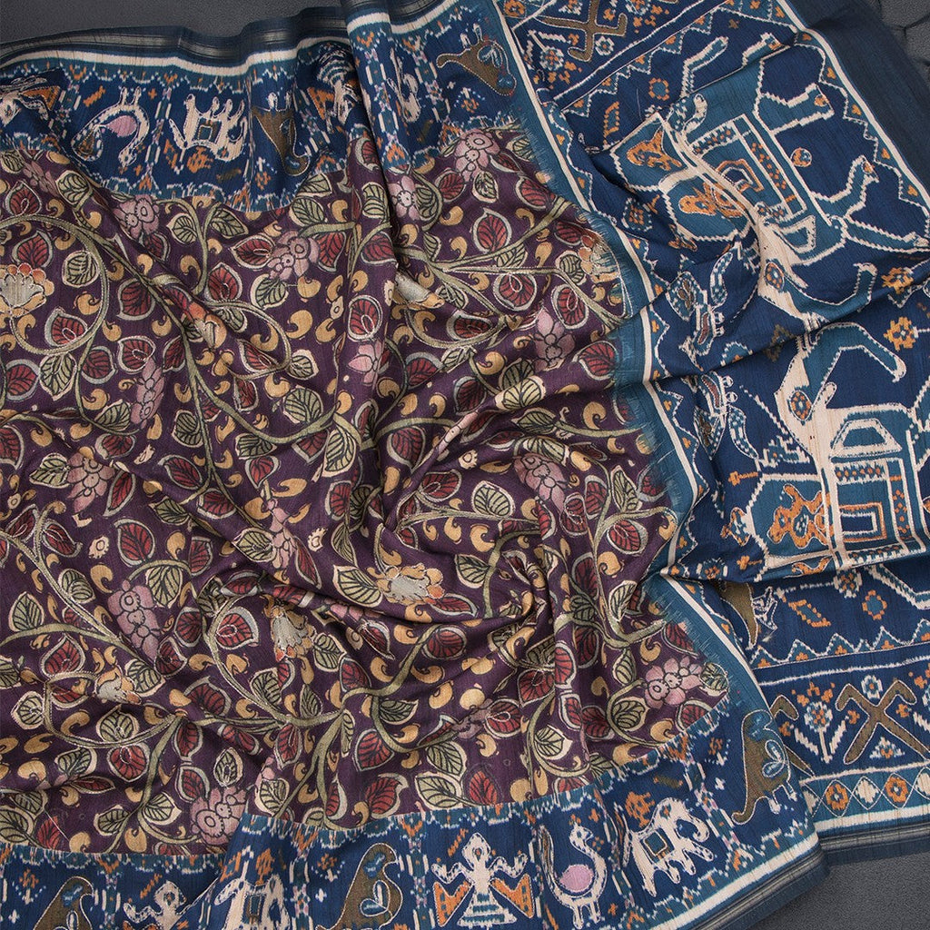 Raw Silk Purple Kalamkari Printed Saree