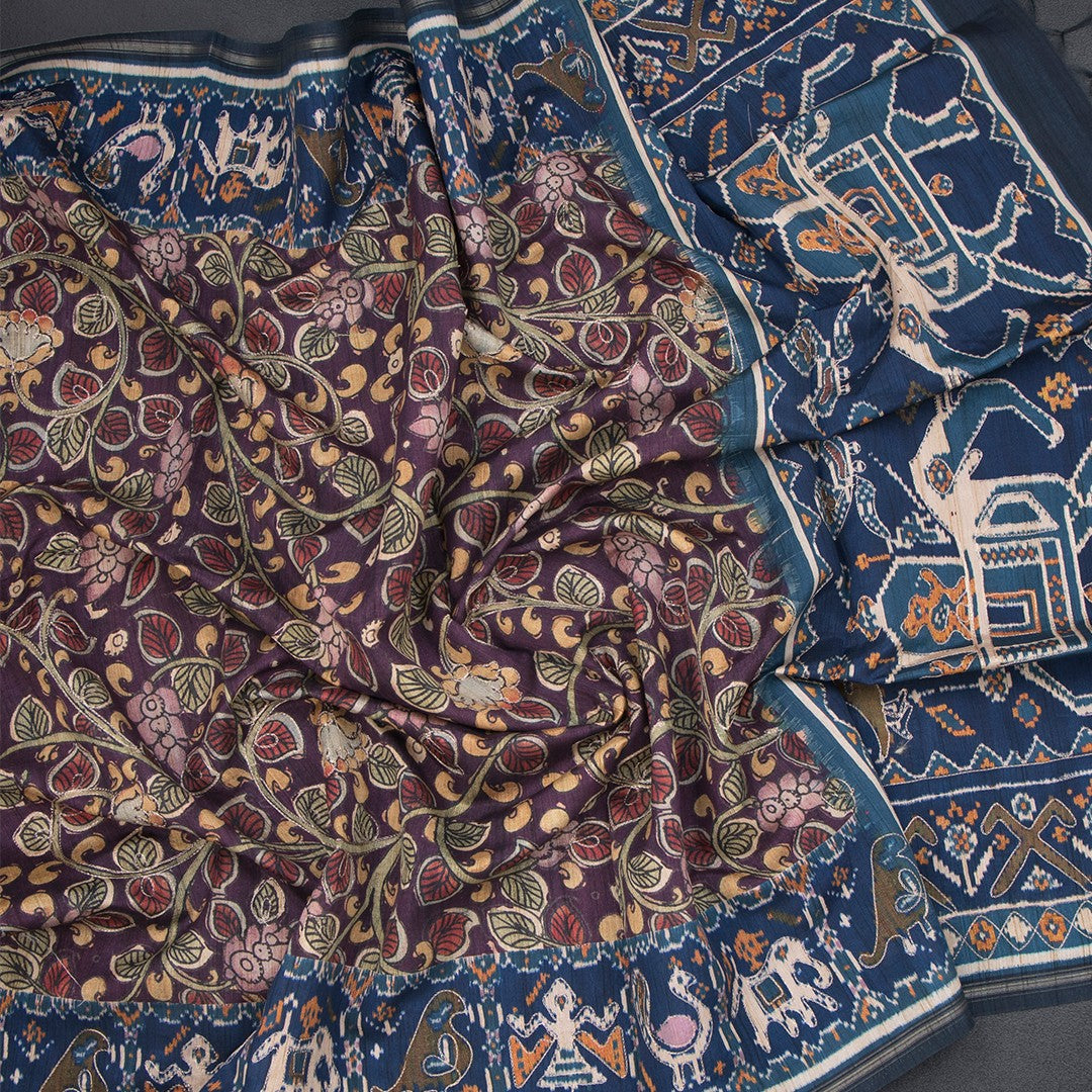 Raw Silk Purple Kalamkari Printed Saree