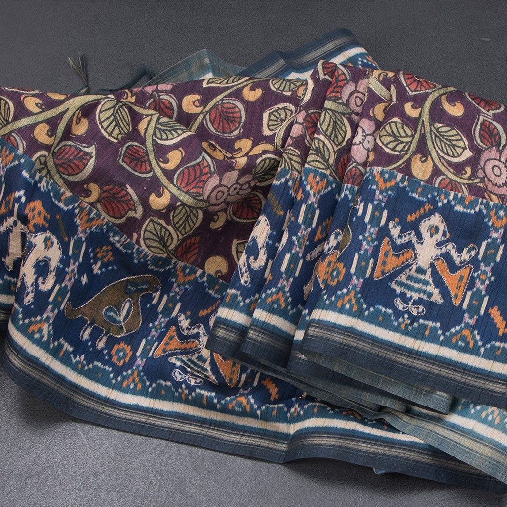 Raw Silk Purple Kalamkari Printed Saree