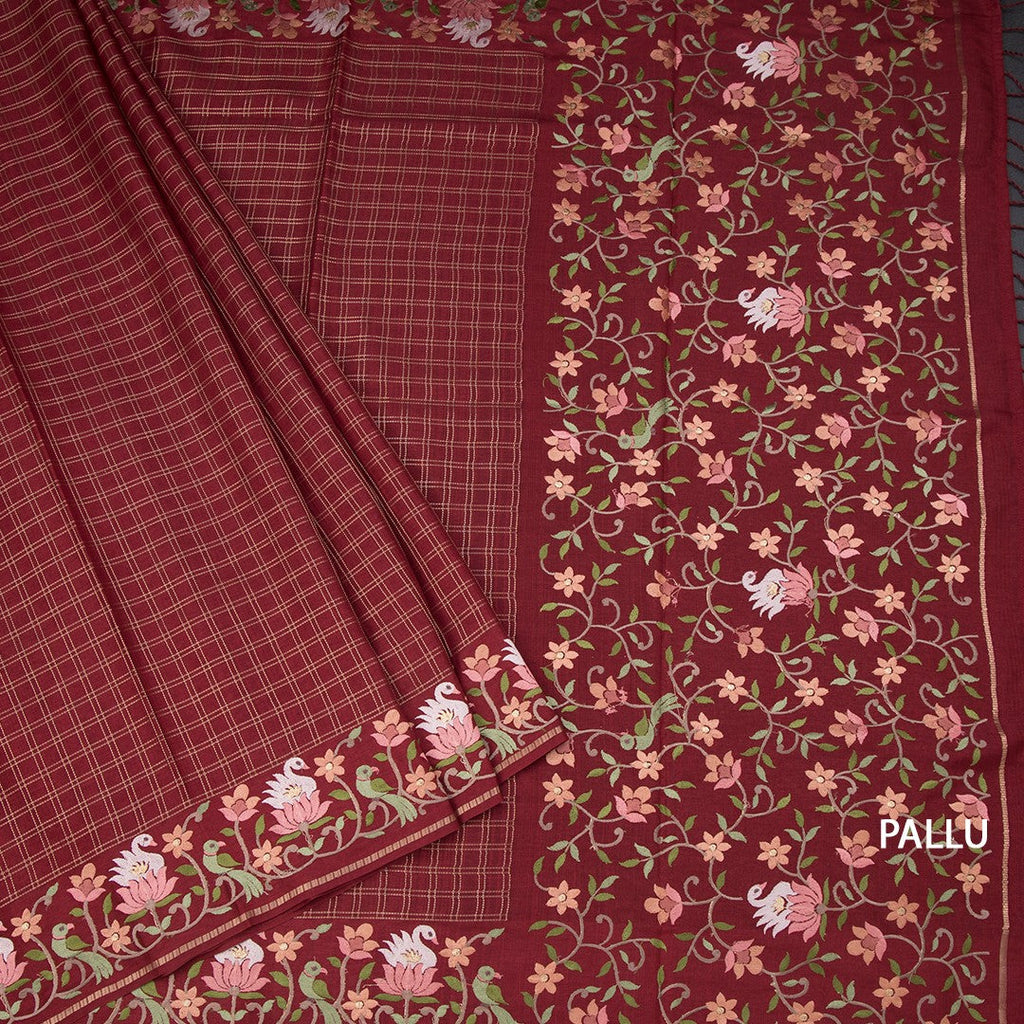 Raw Silk Maroon Zari Checked Saree And Thread Border 02