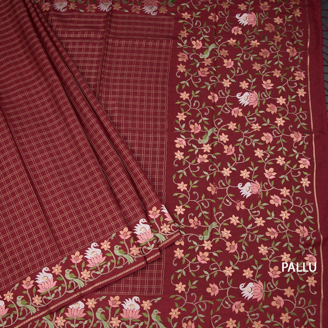 Raw Silk Maroon Zari Checked Saree And Thread Border 02