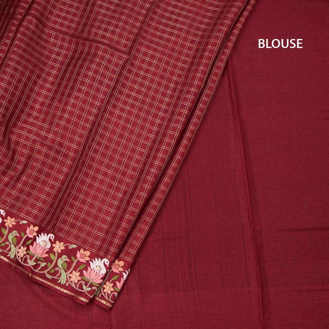 Raw Silk Maroon Zari Checked Saree And Thread Border 02