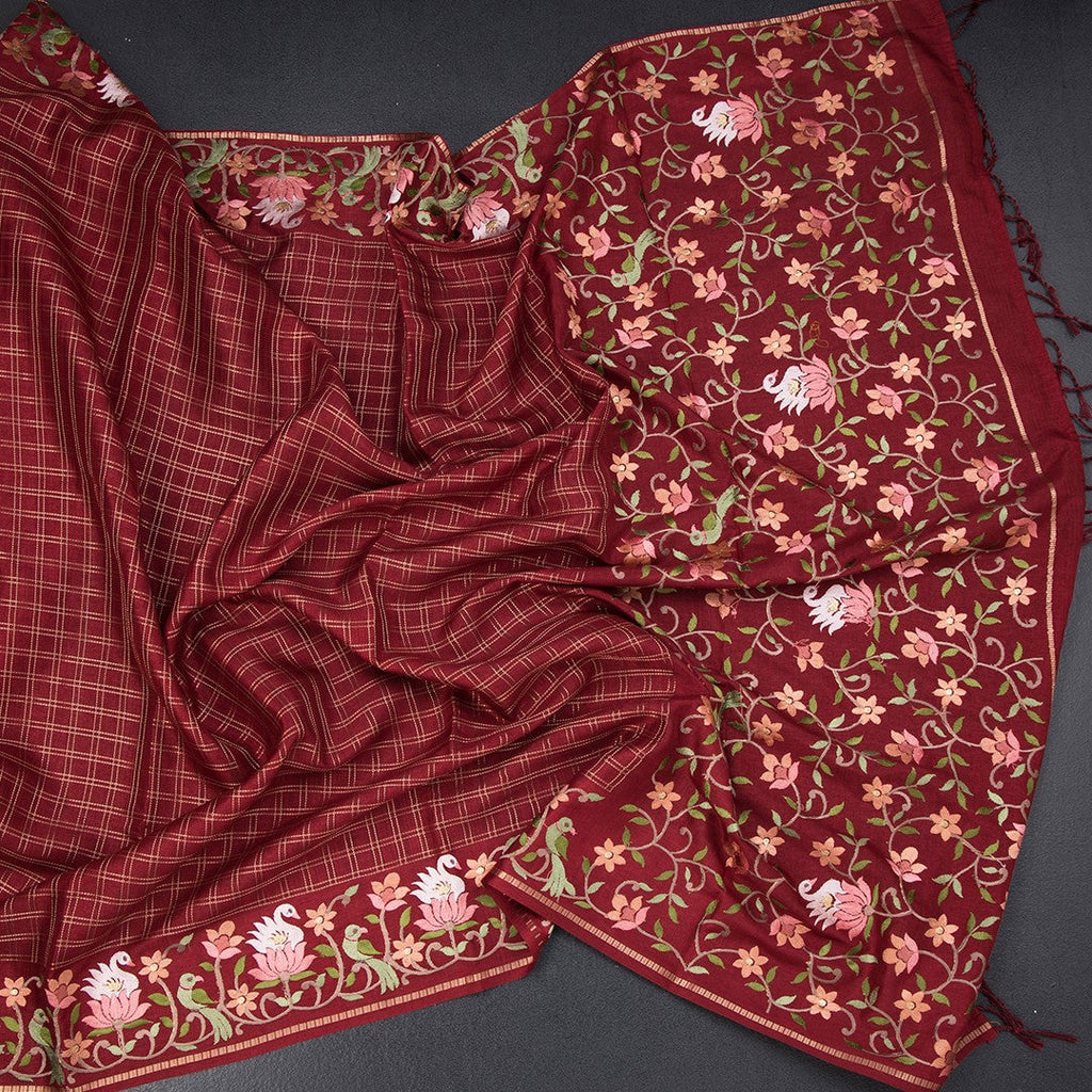 Raw Silk Maroon Zari Checked Saree And Thread Border 02