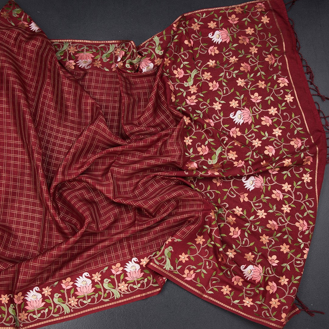 Raw Silk Maroon Zari Checked Saree And Thread Border 02