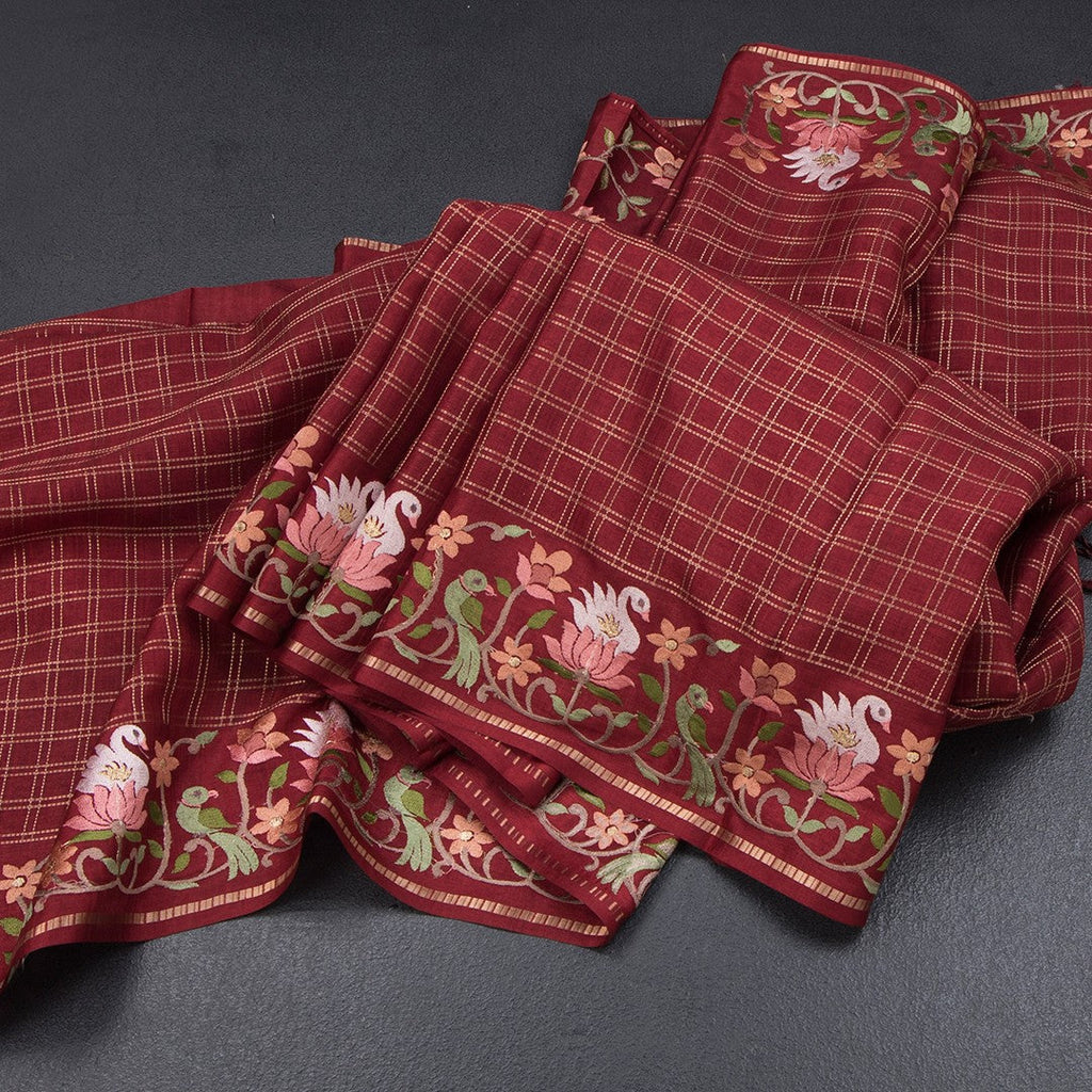 Raw Silk Maroon Zari Checked Saree And Thread Border 02