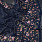 Raw Silk Navy Blue Zari Checked Saree And Thread Border