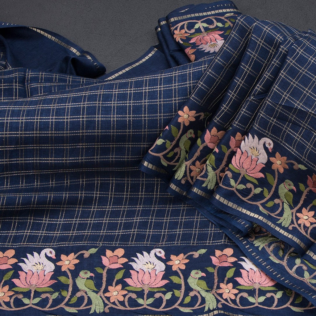Raw Silk Navy Blue Zari Checked Saree And Thread Border