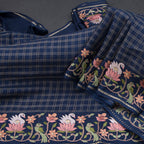 Raw Silk Navy Blue Zari Checked Saree And Thread Border
