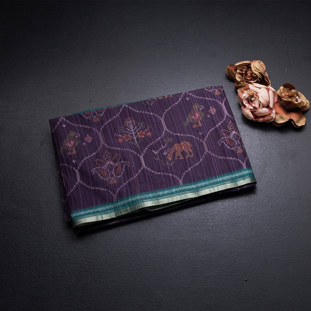 Semi Raw Silk Dark Purple Printed Saree 02