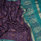 Semi Raw Silk Dark Purple Printed Saree 02