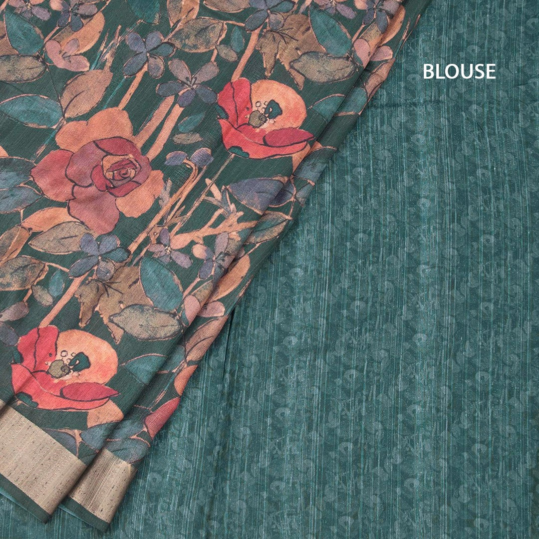 Tussar Dark Green Floral Printed Saree 02