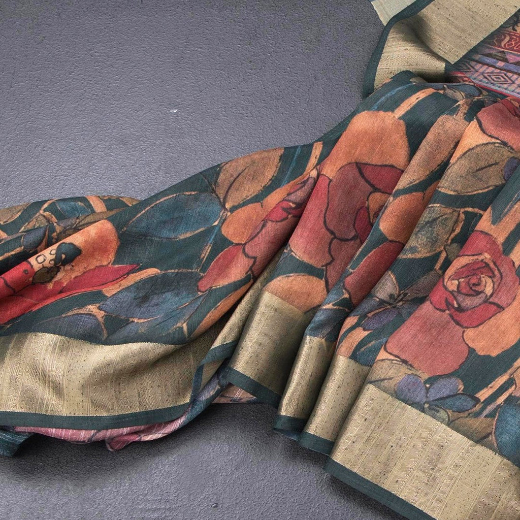 Tussar Dark Green Floral Printed Saree 02