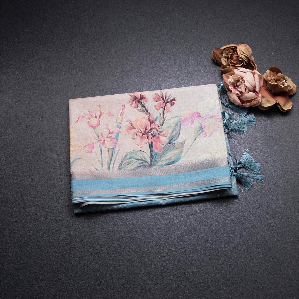 Raw Silk Sky Blue Printed With Zari Stripes Saree