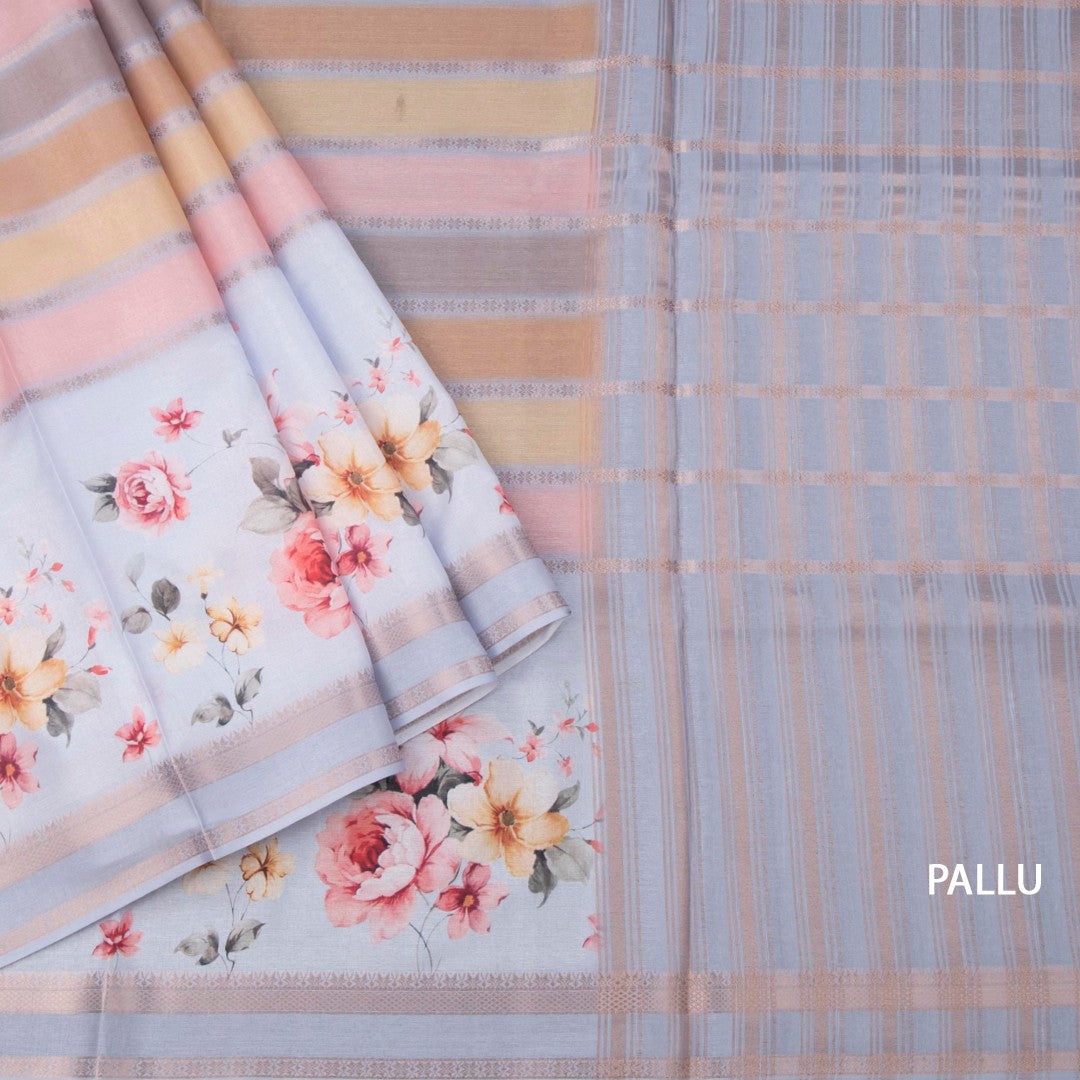 Raw Silk Multi Colour Printed With Zari Stripes Saree 03